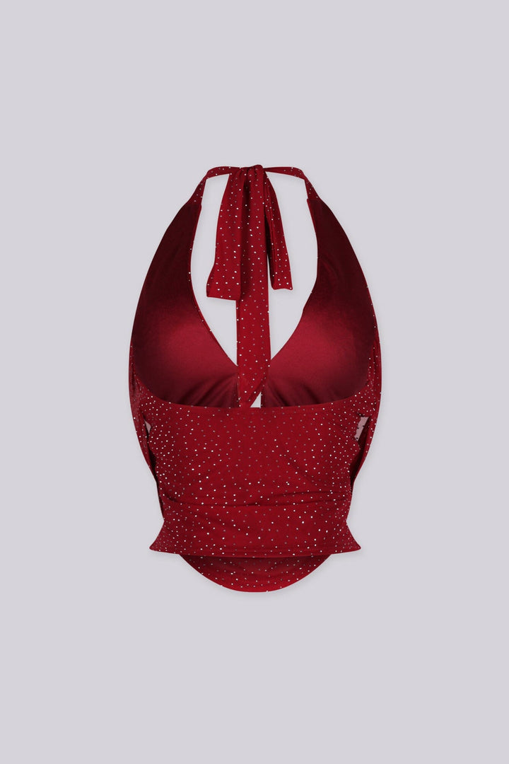 Mesh Halter top with plunging cowl neckline featuring scattered sparkling rhinestone studs