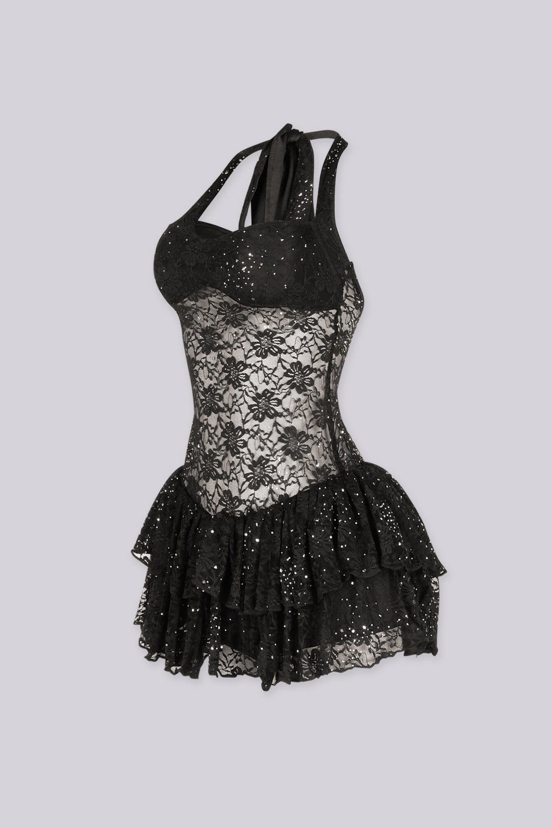 Sheer floral lace with tiered ruffle mini dress, side view