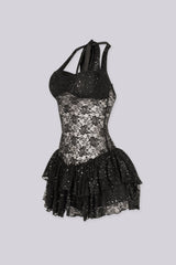 Sheer floral lace with tiered ruffle mini dress, side view