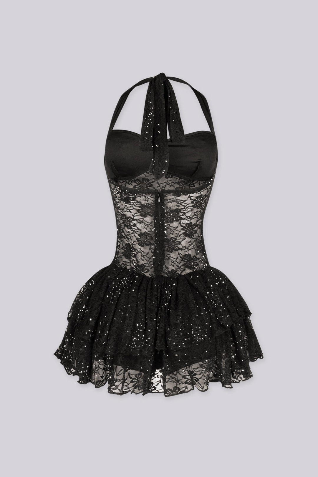 Sheer floral lace with tiered ruffle mini dress, back view