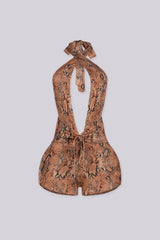 Snake print halter neck romper with deep plunge V neckline