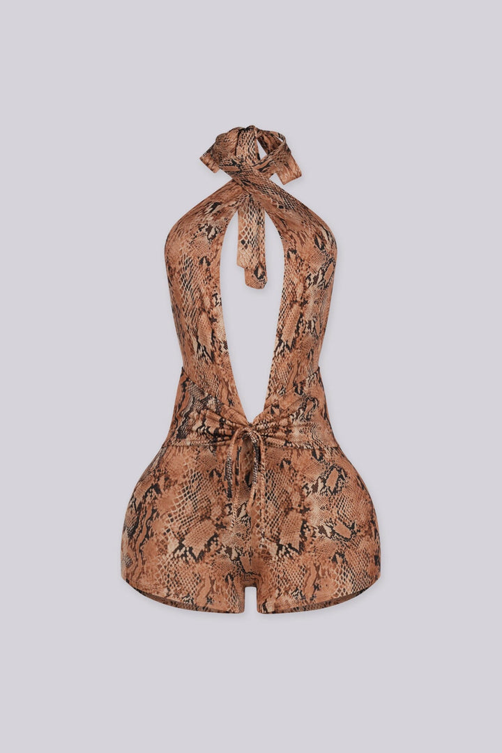 Snake print halter neck romper with deep plunge V neckline