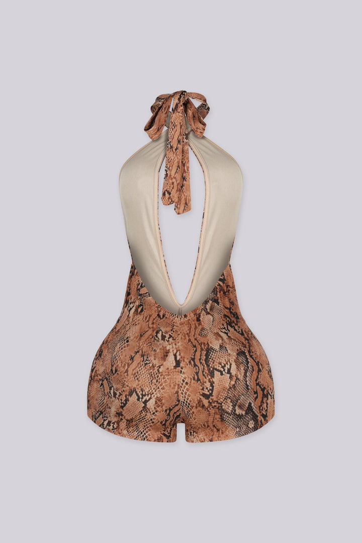 Snake print halter neck romper with deep plunge V neckline