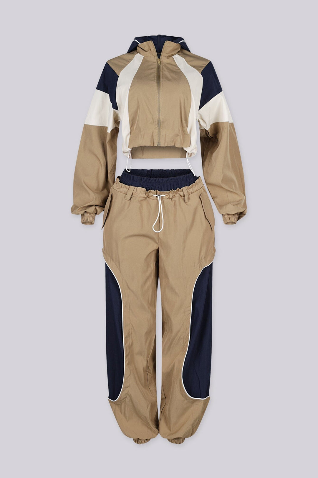 Cropped zip up jacket with stand collar, elastic hem and elastic cuffs