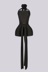 Fitted bodycon mini romper with crossover halter band featuring triangular keyhole cutout above bust