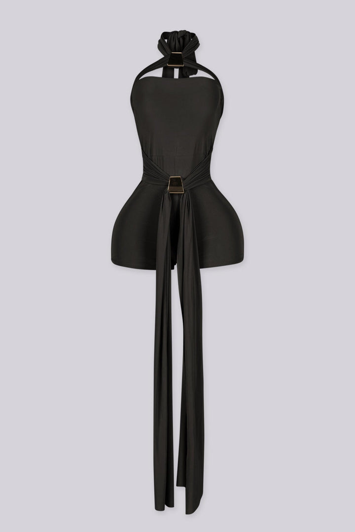 Fitted bodycon mini romper with crossover halter band featuring triangular keyhole cutout above bust