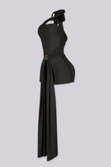 Fitted bodycon mini romper with crossover halter band featuring triangular keyhole cutout above bust