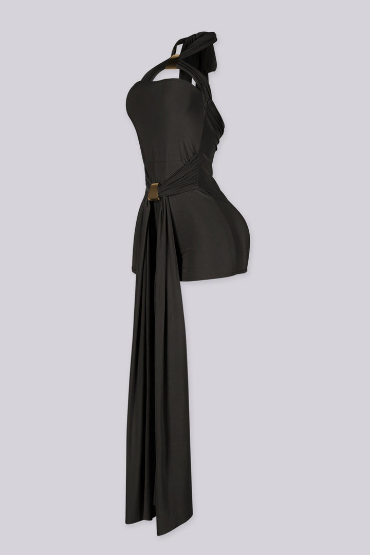 Fitted bodycon mini romper with crossover halter band featuring triangular keyhole cutout above bust