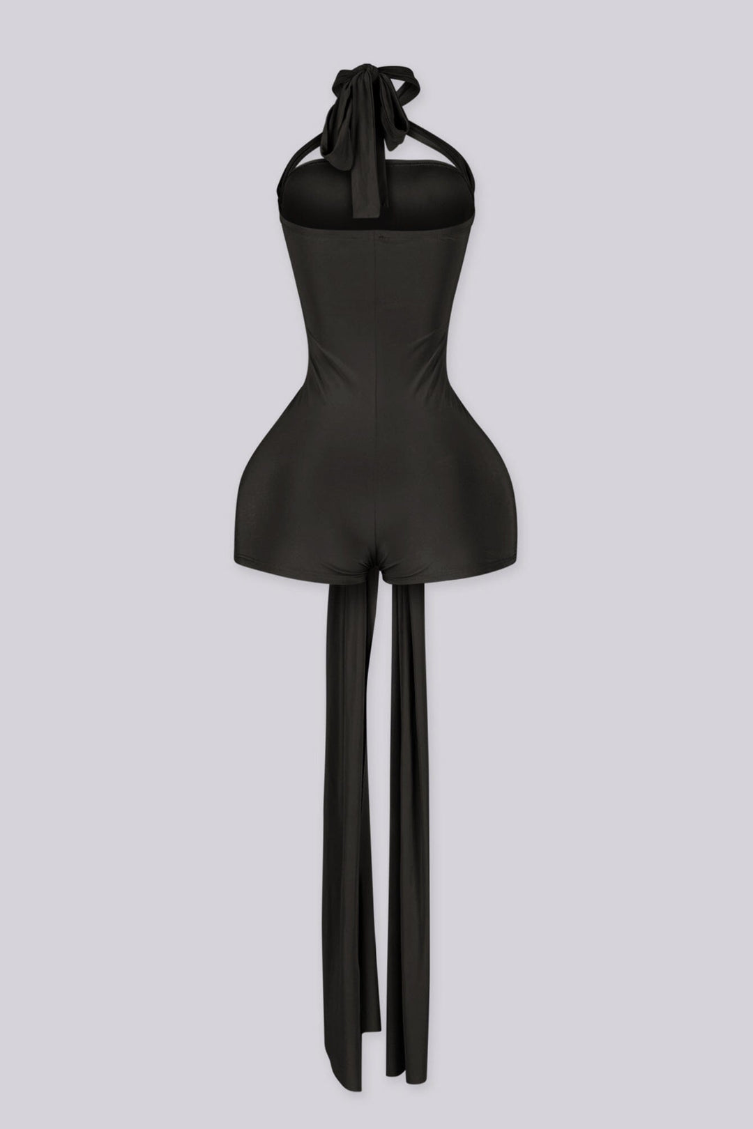 Fitted bodycon mini romper with crossover halter band featuring triangular keyhole cutout above bust