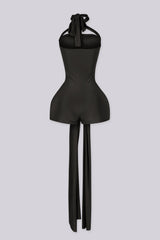 Fitted bodycon mini romper with crossover halter band featuring triangular keyhole cutout above bust