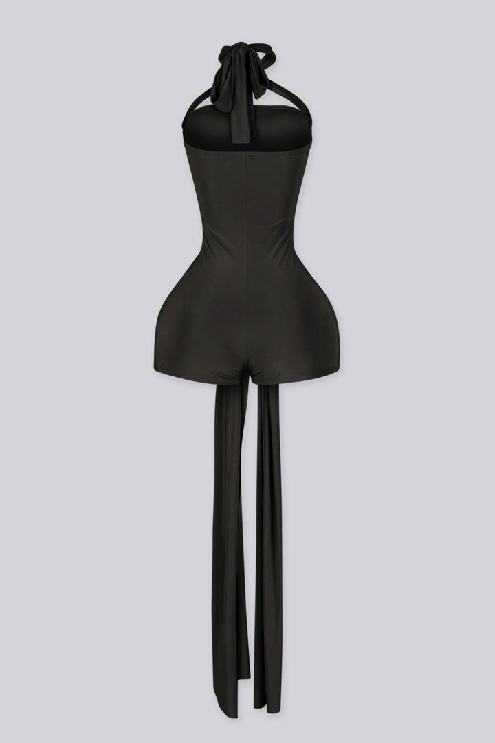 Fitted bodycon mini romper with crossover halter band featuring triangular keyhole cutout above bust