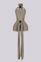 Fitted bodycon mini romper with crossover halter band featuring triangular keyhole cutout above bust