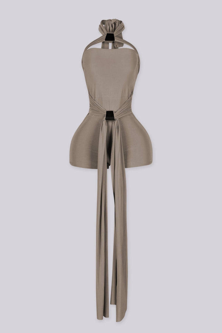 Fitted bodycon mini romper with crossover halter band featuring triangular keyhole cutout above bust