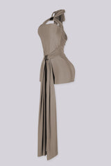 Fitted bodycon mini romper with crossover halter band featuring triangular keyhole cutout above bust