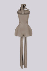 Fitted bodycon mini romper with crossover halter band featuring triangular keyhole cutout above bust