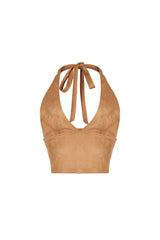 Soft suede cropped halter top featuring deep V neckline with a self tie closure