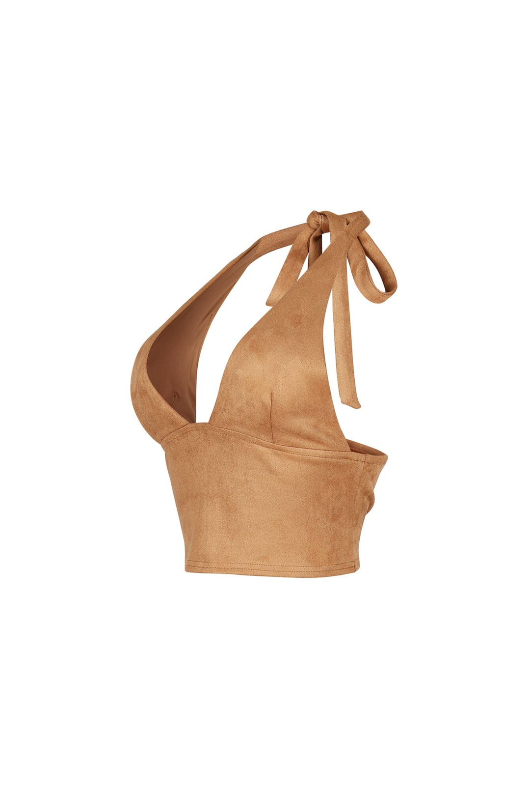 Soft suede cropped halter top featuring deep V neckline with a self tie closure