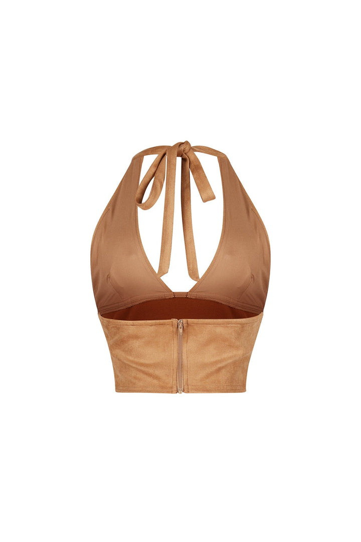 Soft suede cropped halter top featuring deep V neckline with a self tie closure