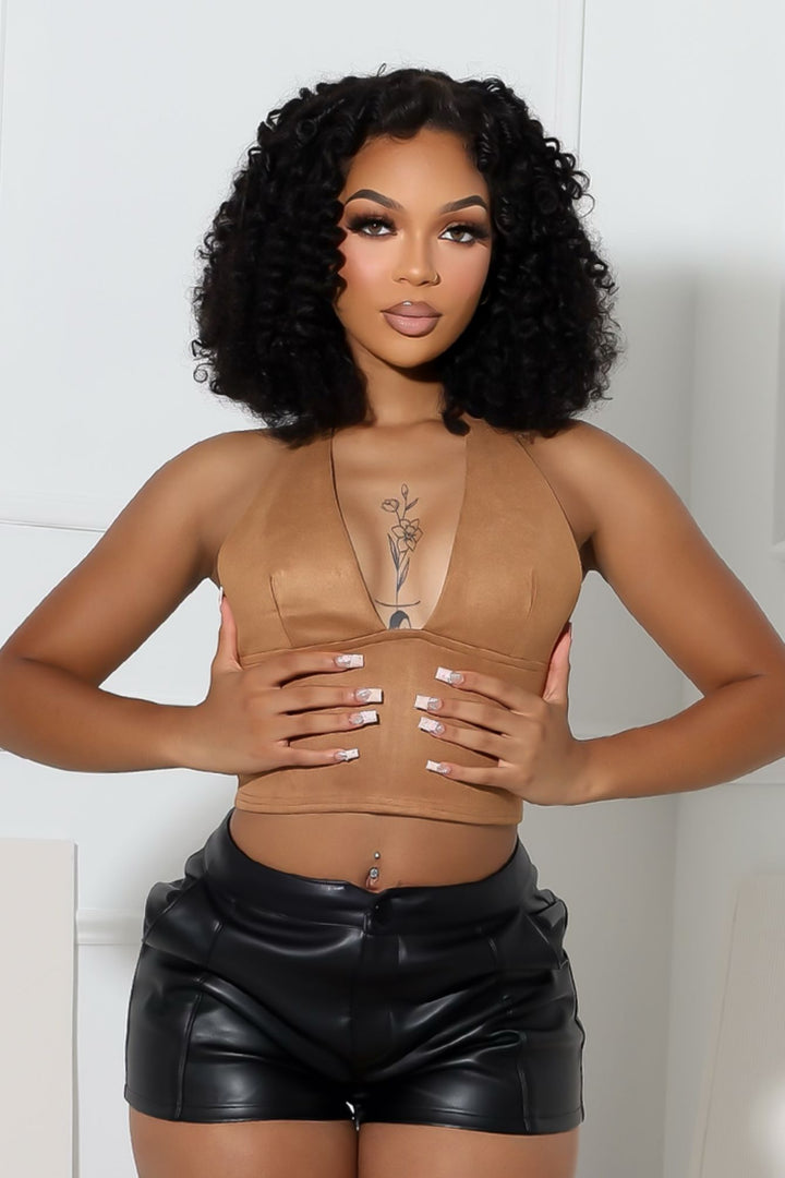 Soft suede cropped halter top featuring deep V neckline with a self tie closure