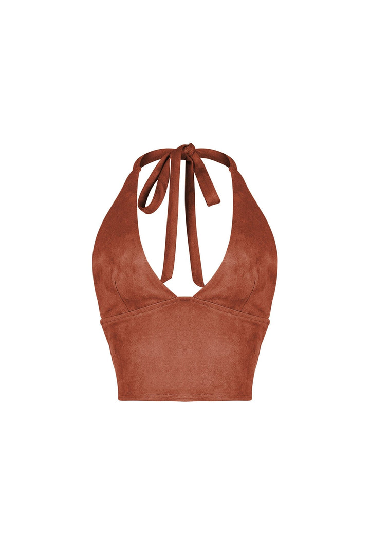 Soft suede cropped halter top featuring deep V neckline with a self tie closure