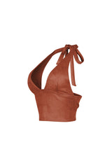 Soft suede cropped halter top featuring deep V neckline with a self tie closure