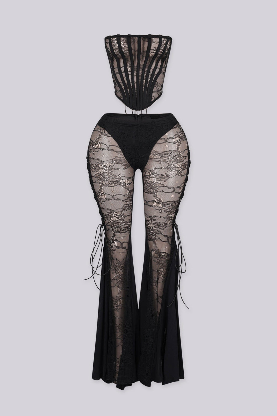 Sheer mesh corset-inspired top with boning channels and back lace up,
Lace Corset &amp; Flare Pants SET