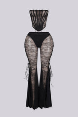 Sheer mesh corset-inspired top with boning channels and back lace up,
Lace Corset &amp; Flare Pants SET