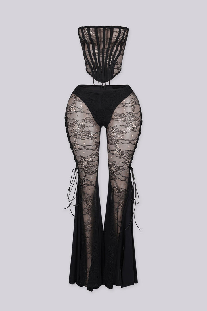 Sheer mesh corset-inspired top with boning channels and back lace up,
Lace Corset &amp; Flare Pants SET