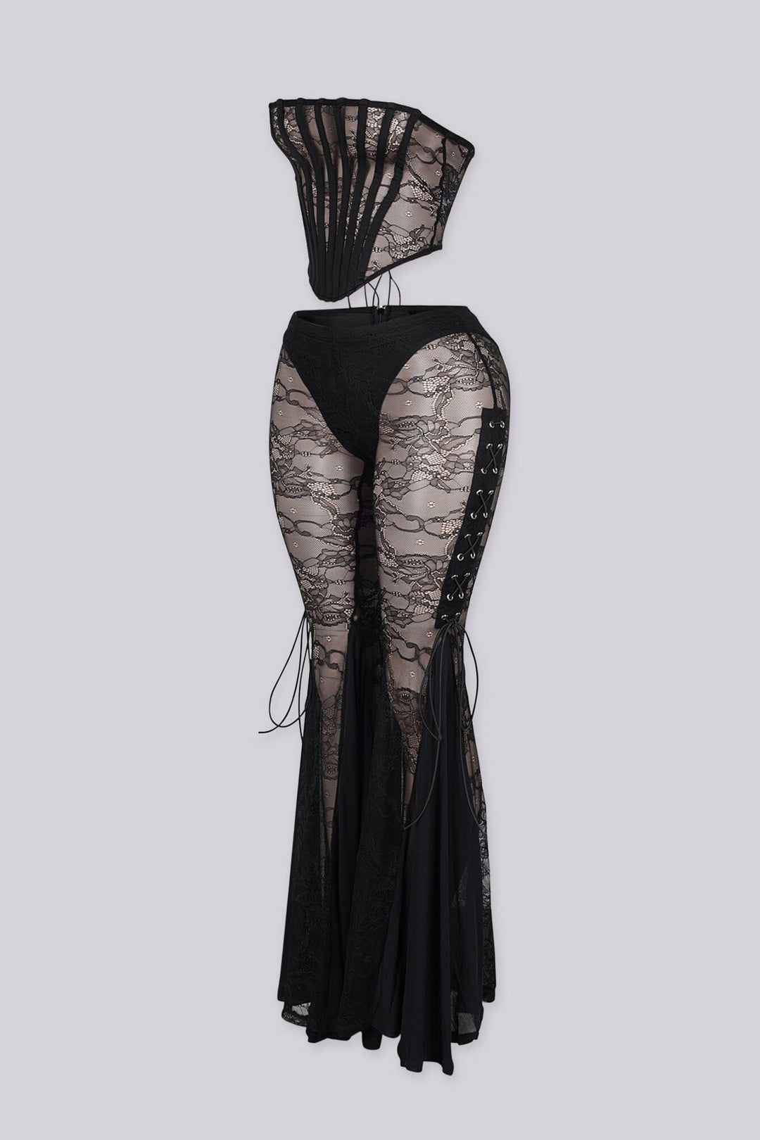 Sheer mesh corset-inspired top with boning channels and back lace up,
Lace Corset &amp; Flare Pants SET