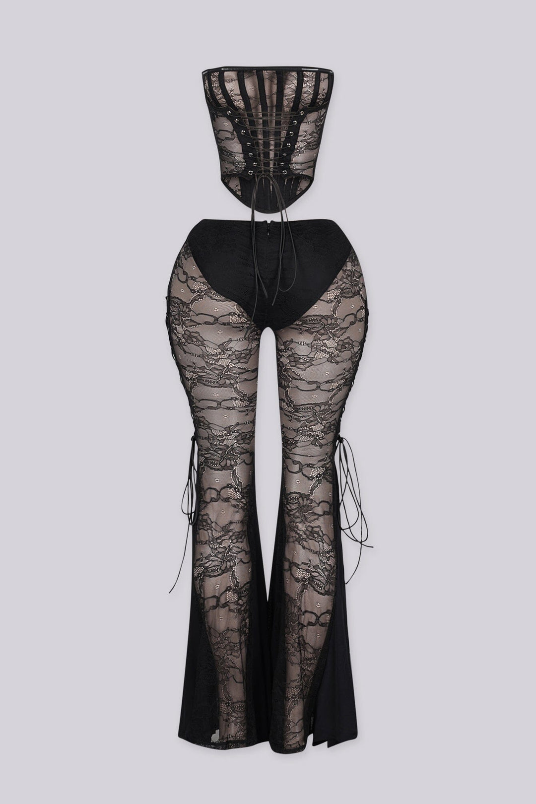 Sheer mesh corset-inspired top with boning channels and back lace up,
Lace Corset &amp; Flare Pants SET