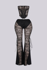 Sheer mesh corset-inspired top with boning channels and back lace up,
Lace Corset &amp; Flare Pants SET