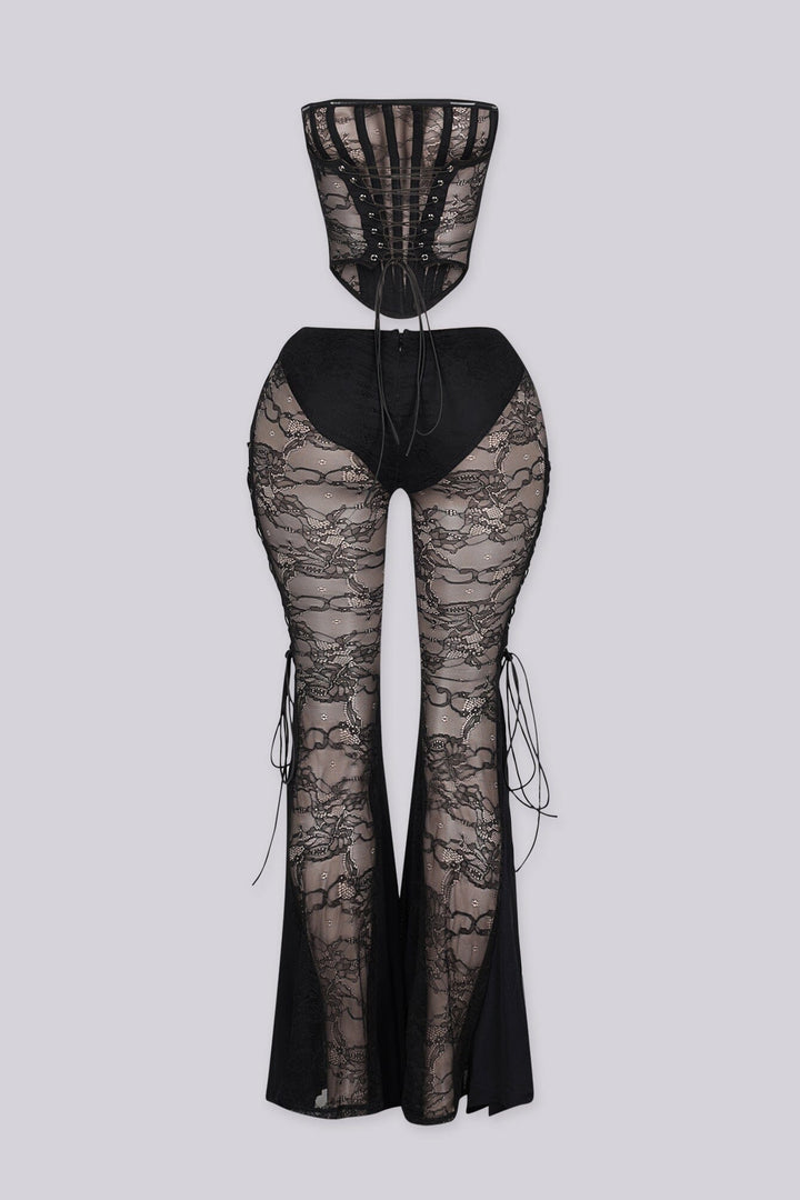 Sheer mesh corset-inspired top with boning channels and back lace up,
Lace Corset &amp; Flare Pants SET