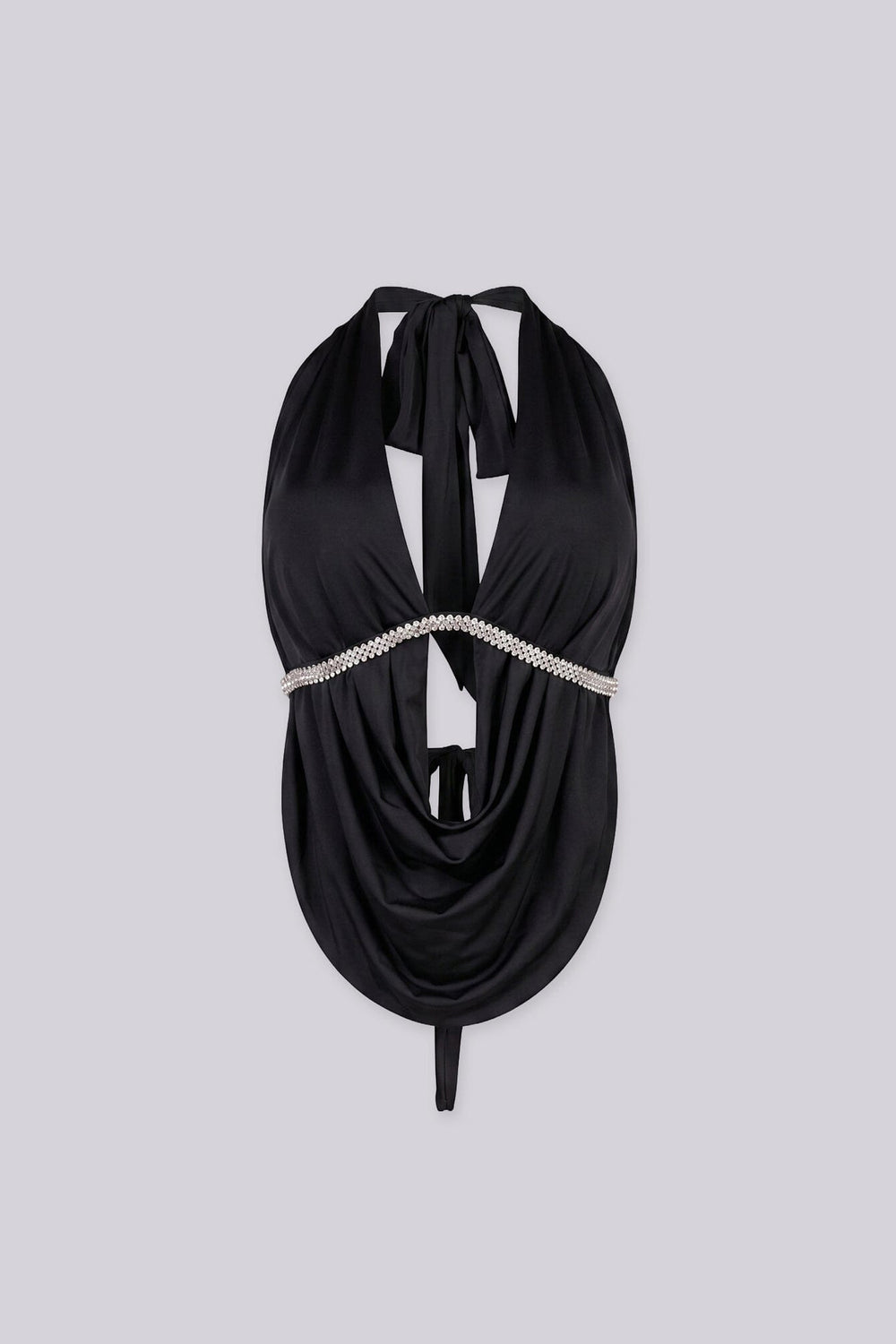 Deep plunging cowl neck top with rhinestone trim under the bust,
Featuring an open back design