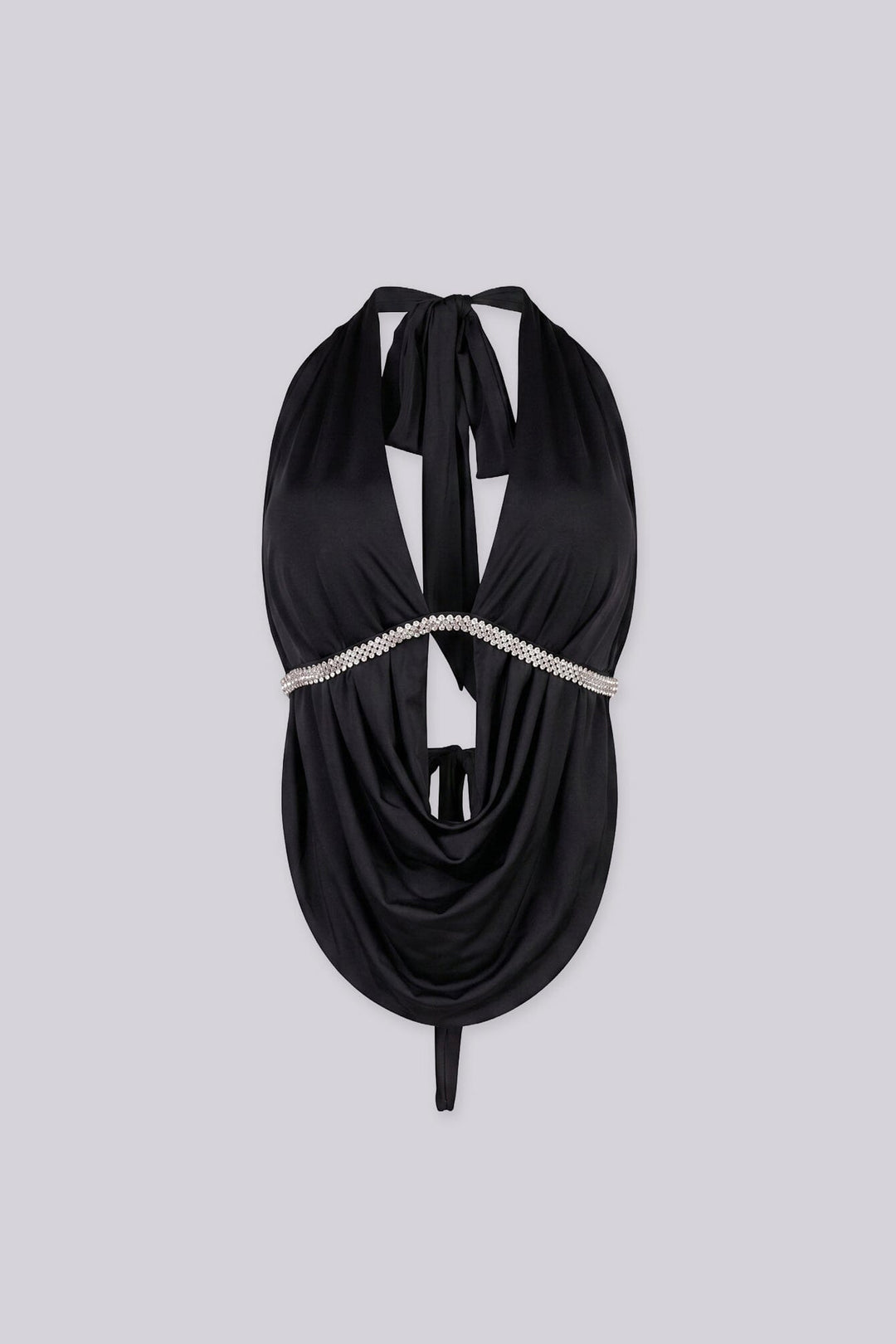 Deep plunging cowl neck top with rhinestone trim under the bust,
Featuring an open back design