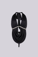 Deep plunging cowl neck top with rhinestone trim under the bust,
Featuring an open back design
