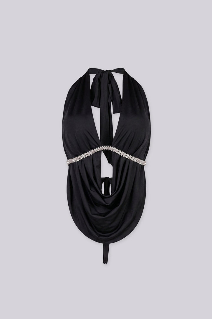 Deep plunging cowl neck top with rhinestone trim under the bust,
Featuring an open back design