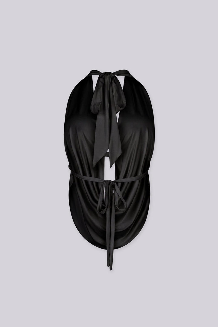 Deep plunging cowl neck top with rhinestone trim under the bust,
Featuring an open back design