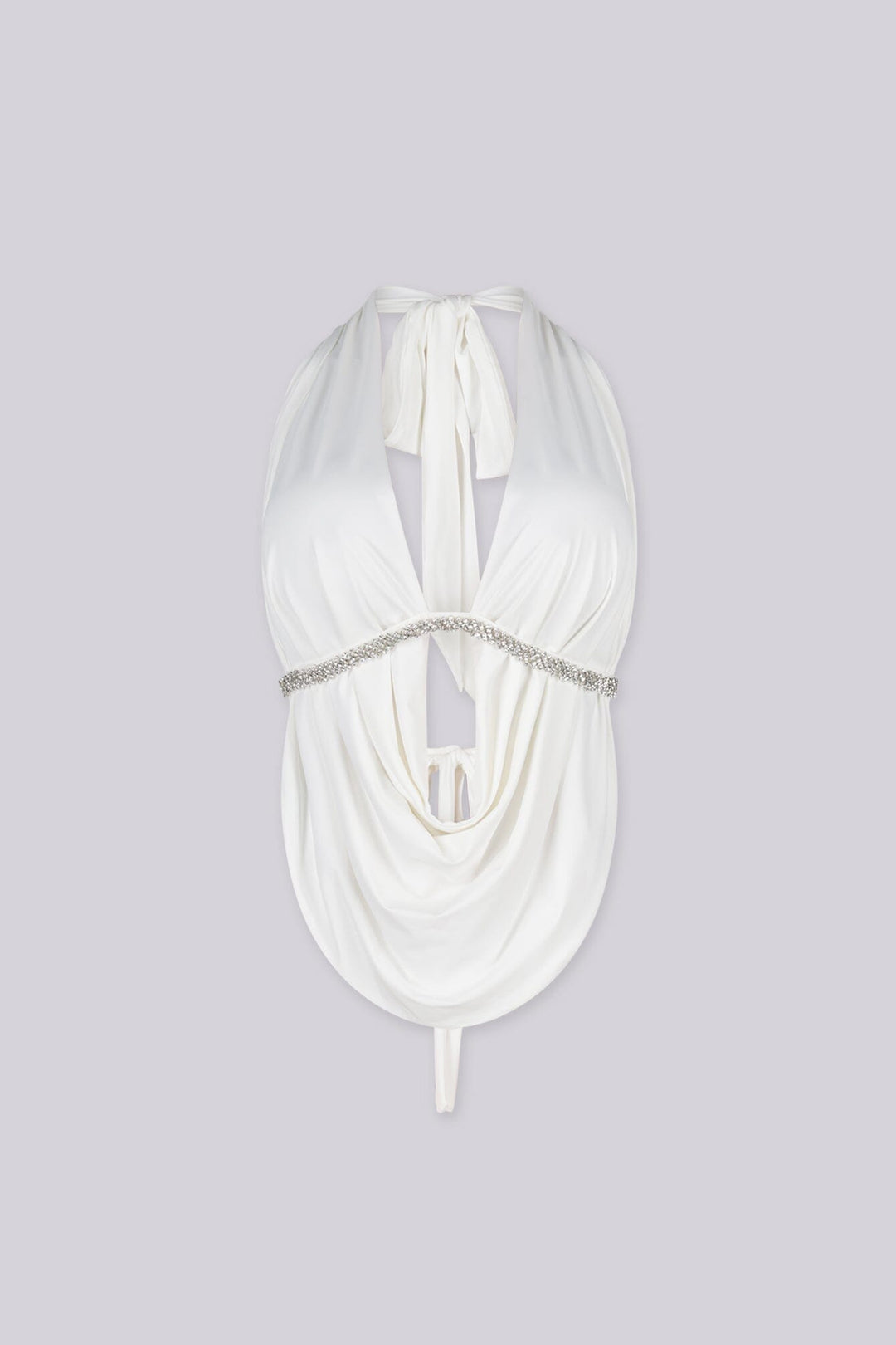 Deep plunging cowl neck top with rhinestone trim under the bust,
Featuring an open back design