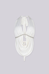 Deep plunging cowl neck top with rhinestone trim under the bust,
Featuring an open back design