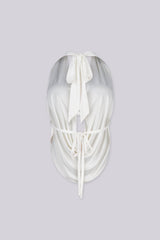 Deep plunging cowl neck top with rhinestone trim under the bust,
Featuring an open back design