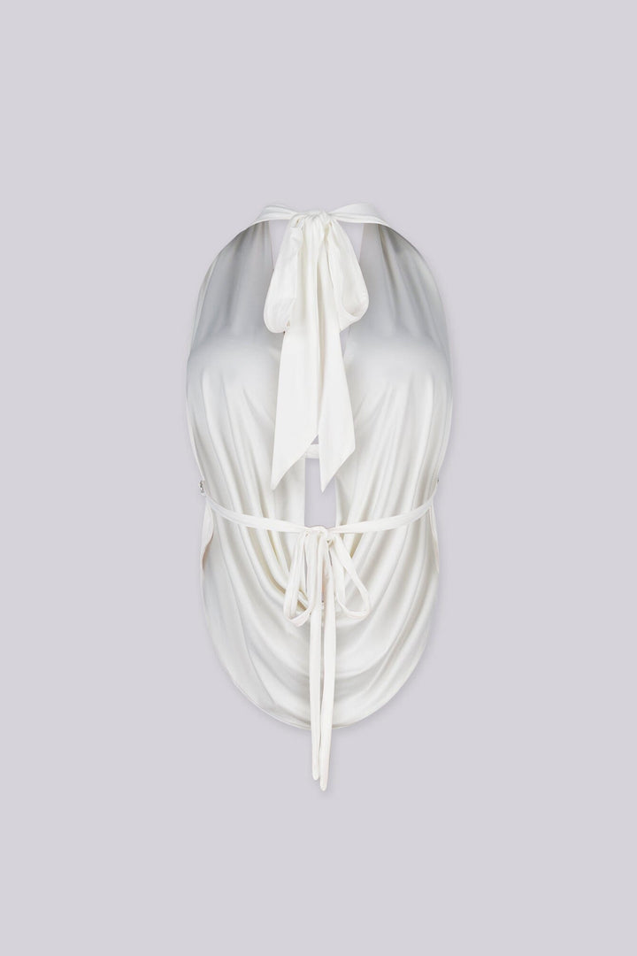 Deep plunging cowl neck top with rhinestone trim under the bust,
Featuring an open back design