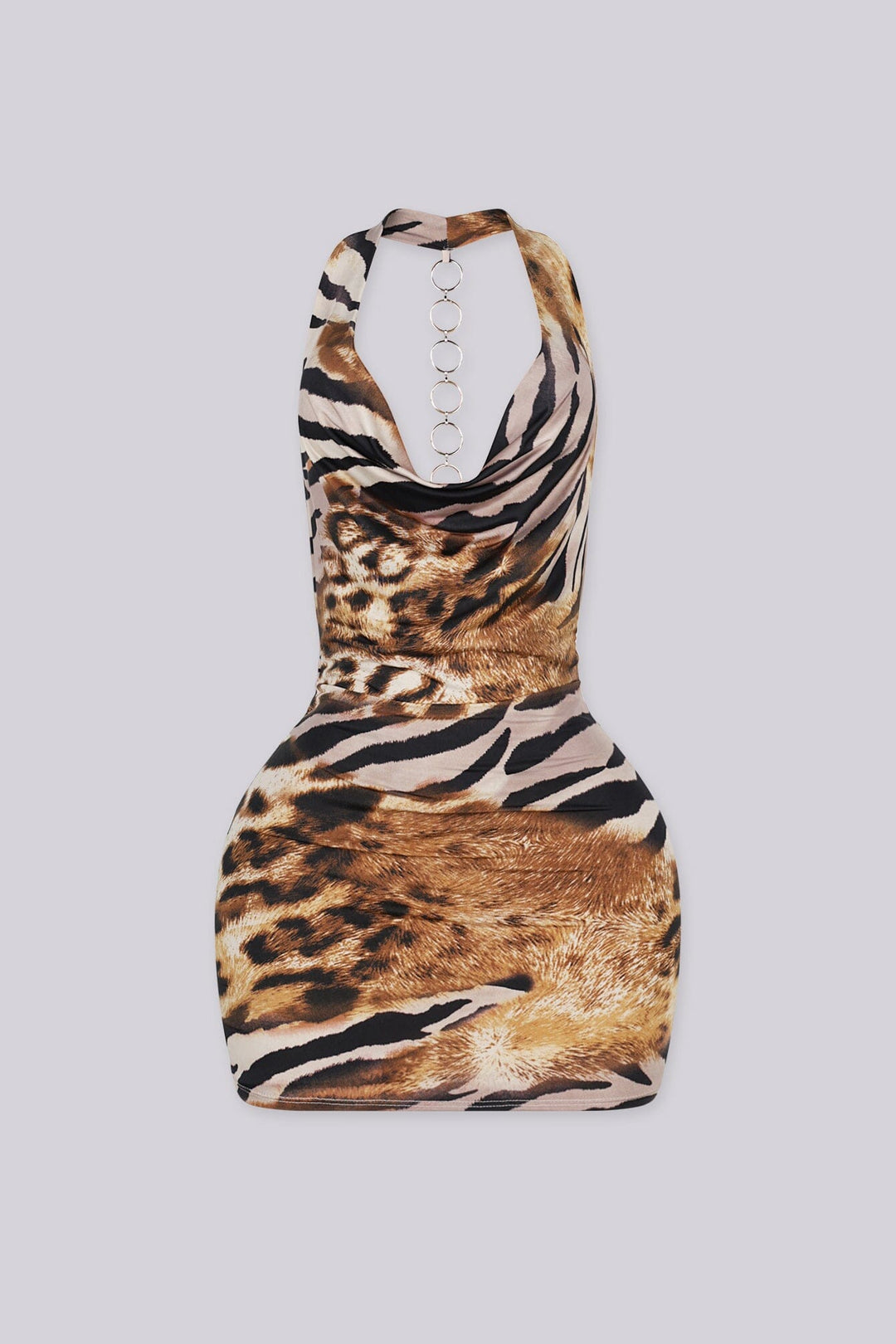 Animal print halter mini dress featuring a draped cowl neckline, Open back detailed with a vertical O ring chain