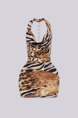 Animal print halter mini dress featuring a draped cowl neckline, Open back detailed with a vertical O ring chain