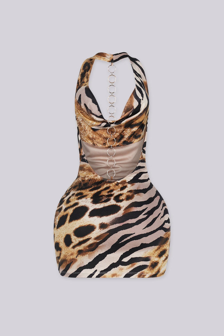 Animal print halter mini dress featuring a draped cowl neckline, Open back detailed with a vertical O ring chain