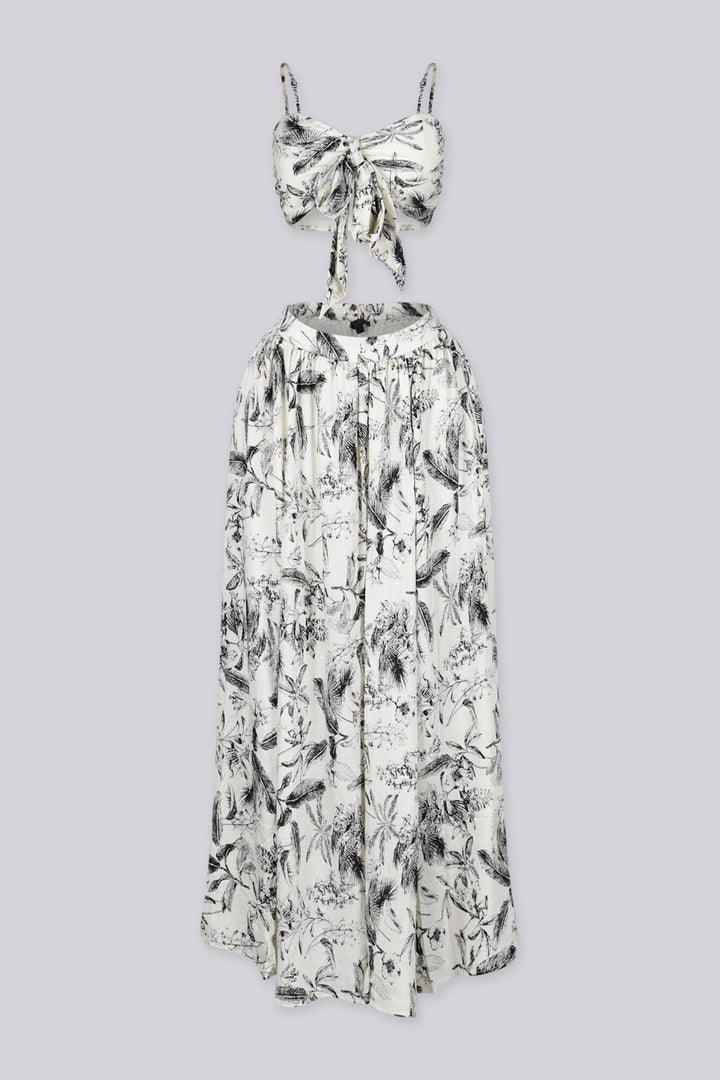 Floral sketch print bra top with front tie and smocked back, Flowy high-waist midi skirt with elastic waistband