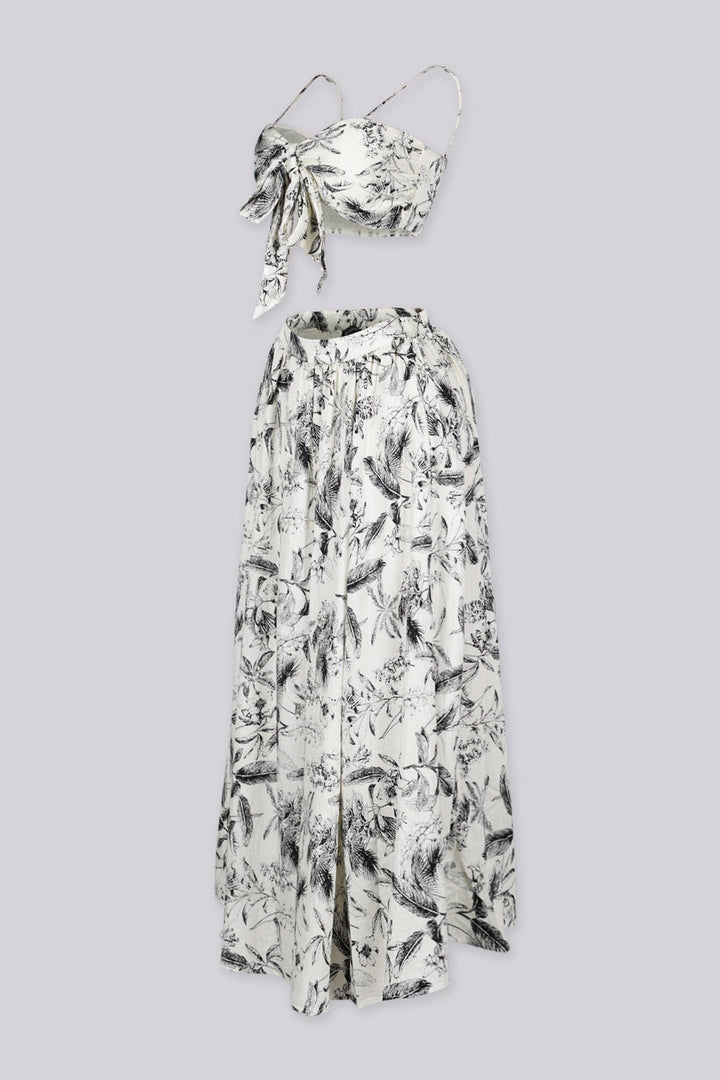 Floral sketch print bra top with front tie and smocked back, Flowy high-waist midi skirt with elastic waistband
