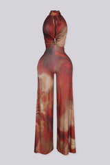 Sleeveless high mock neckline halter jumpsuit with deep keyhole cutout