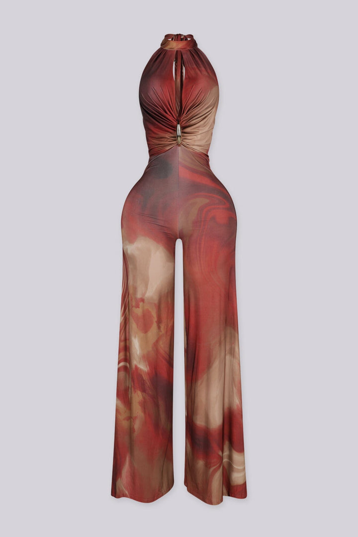 Sleeveless high mock neckline halter jumpsuit with deep keyhole cutout