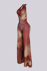 Sleeveless high mock neckline halter jumpsuit with deep keyhole cutout