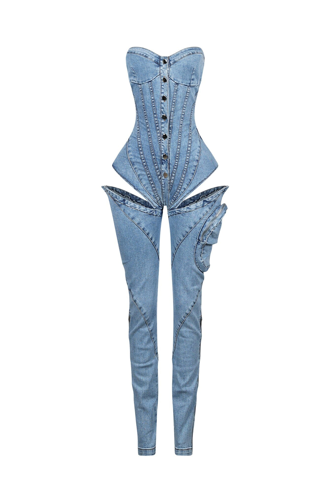 Structured corset style tube top jumpsuit featuring a single cargo pocket and a bold thigh cutout for added edge